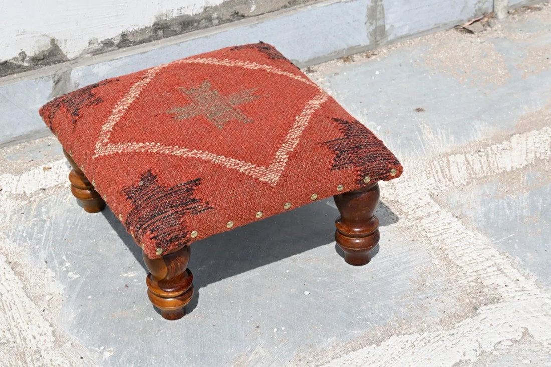 Handmade Terracotta Red Kilim Ottoman Footstool | Wool Jute Upholstered Tribal Accent Stool with Solid Wooden Legs
