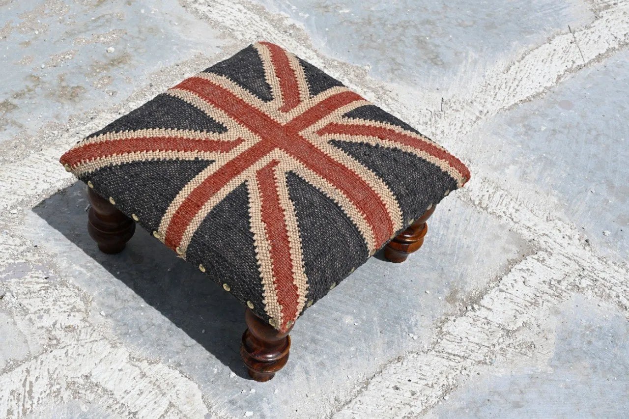 Handmade Union Jack Kilim Ottoman Footstool | Wool Jute Upholstered British Flag Pouf Stool with Solid Wooden Legs for Living Room