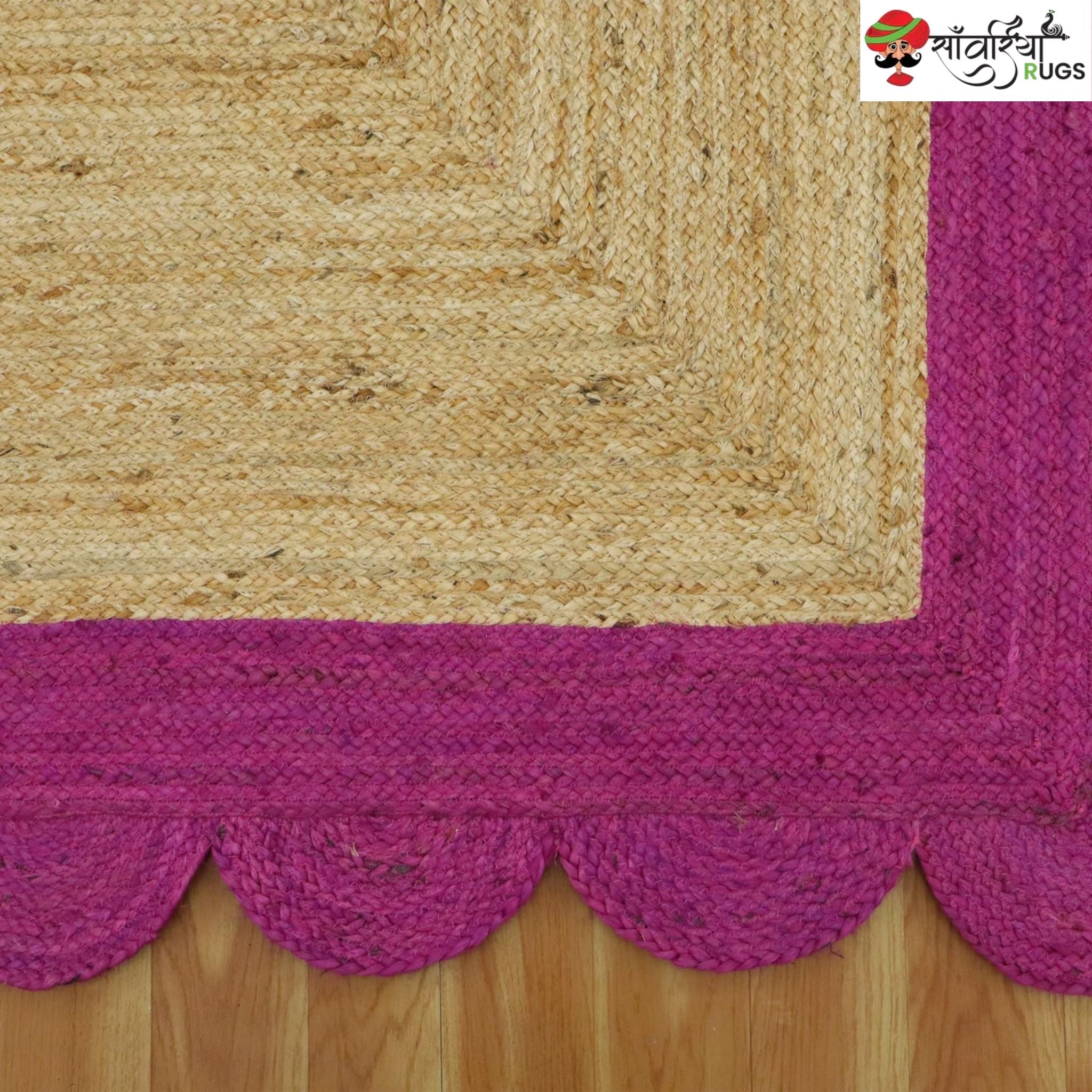Braided Scalloped Edge Jute Rug – Natural Beige with Multicolor Border