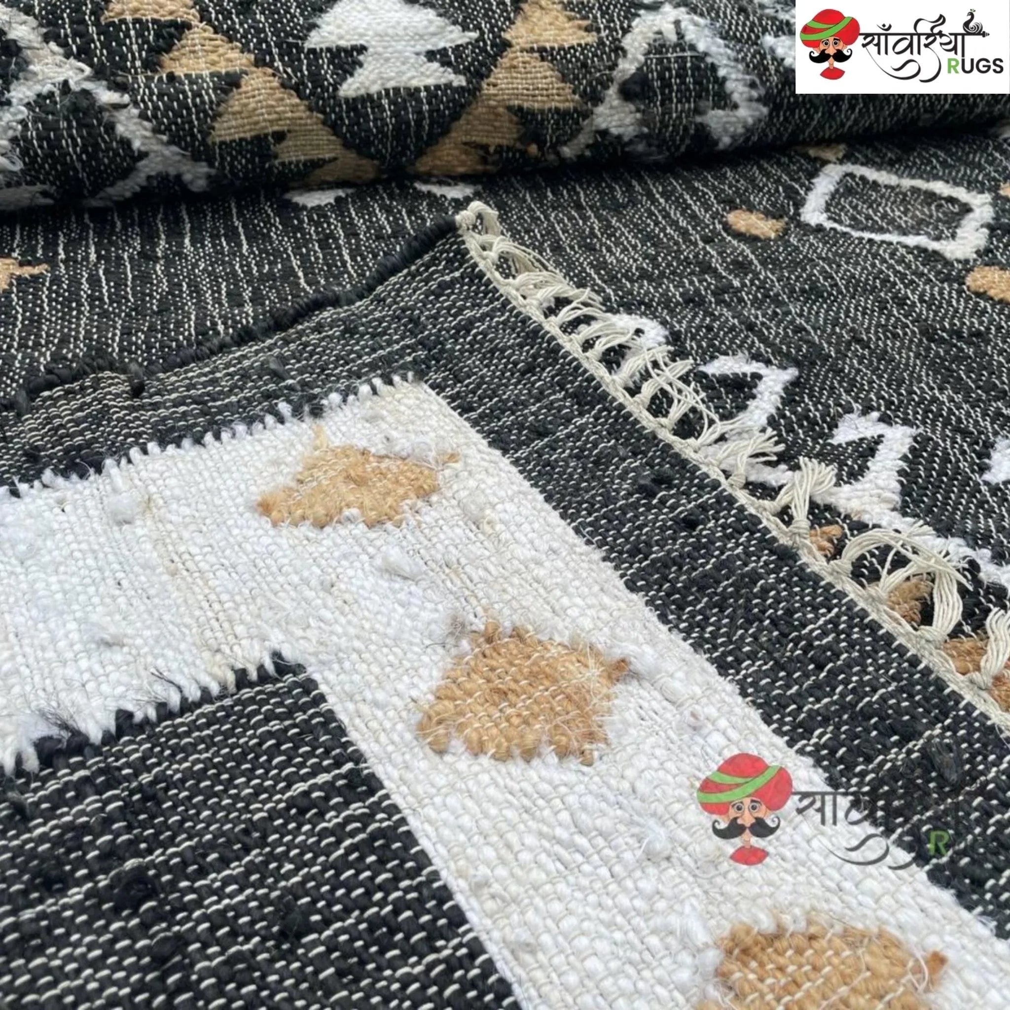 Handmade Black White Jute Cotton Boho Geometric Rug