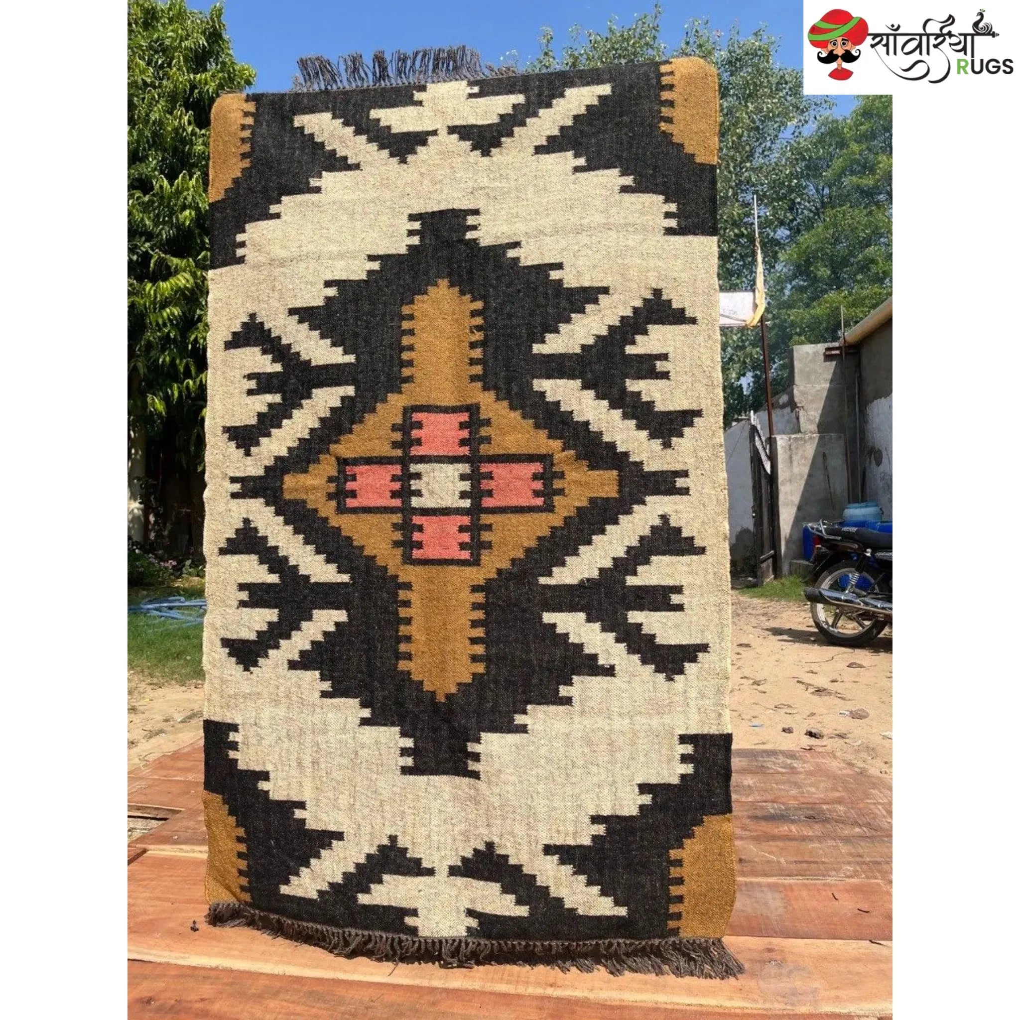 Boho Kilim Rug – Handwoven Wool Jute Beige Black Geometric Tribal Area Rug