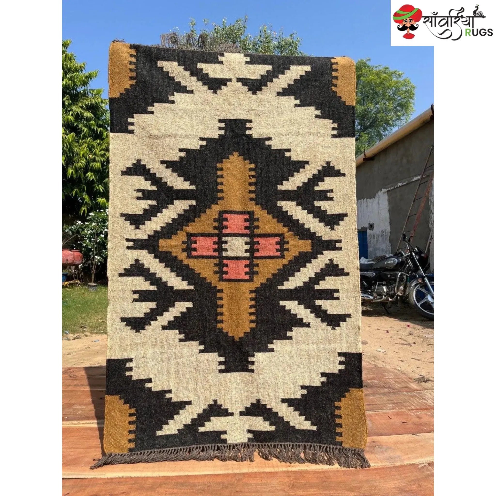 Boho Kilim Rug – Handwoven Wool Jute Beige Black Geometric Tribal Area Rug