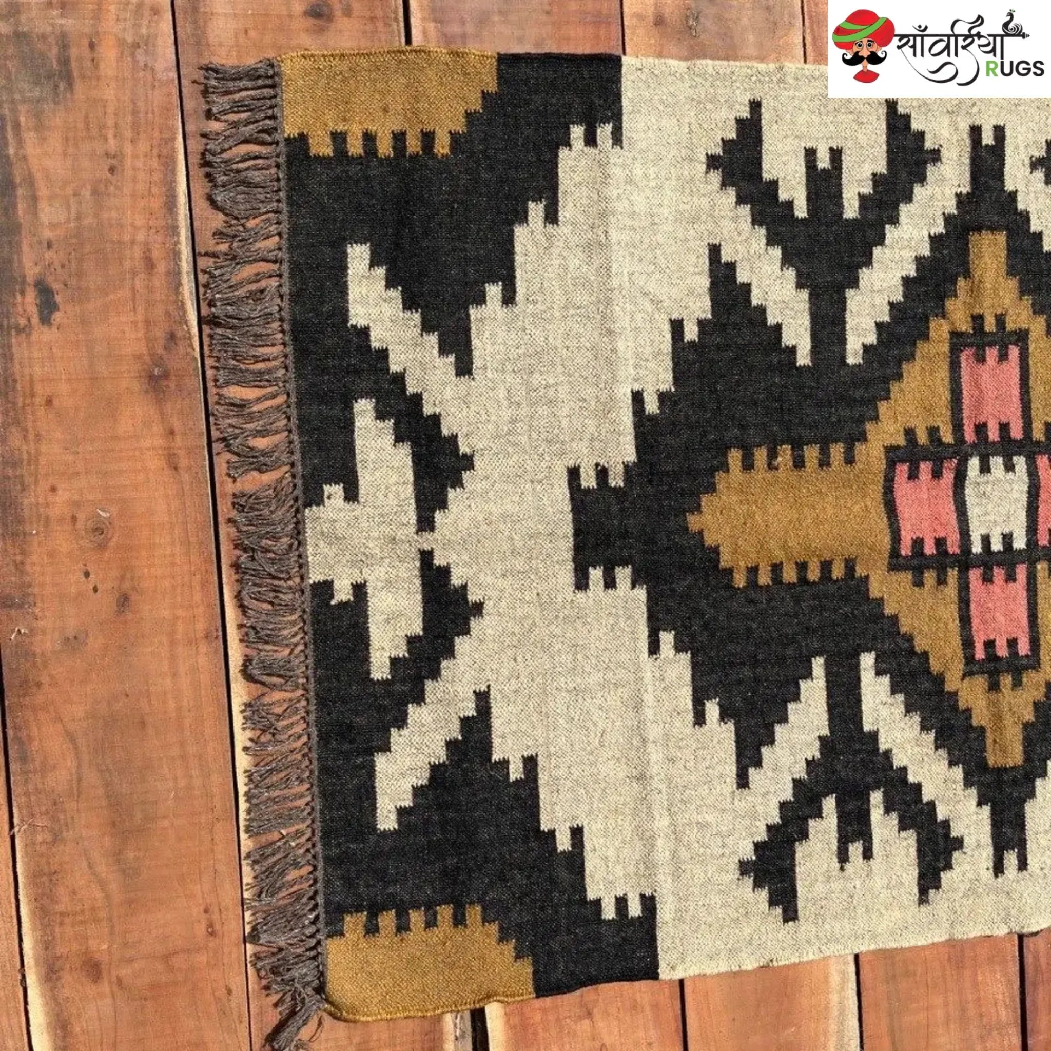 Boho Kilim Rug – Handwoven Wool Jute Beige Black Geometric Tribal Area Rug