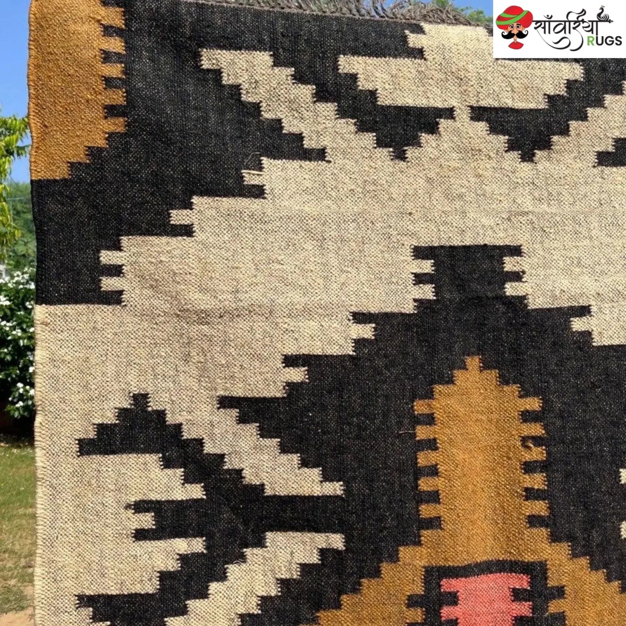 Boho Kilim Rug – Handwoven Wool Jute Beige Black Geometric Tribal Area Rug
