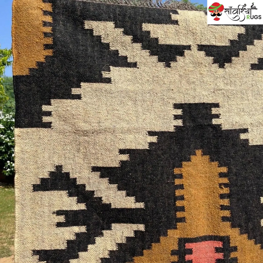 Boho Kilim Rug – Handwoven Wool Jute Beige Black Geometric Tribal Area Rug