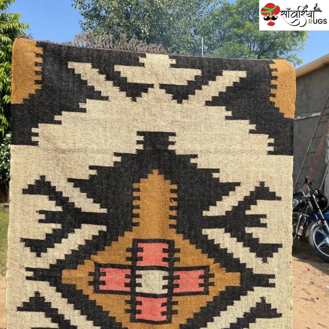 Boho Kilim Rug – Handwoven Wool Jute Beige Black Geometric Tribal Area Rug