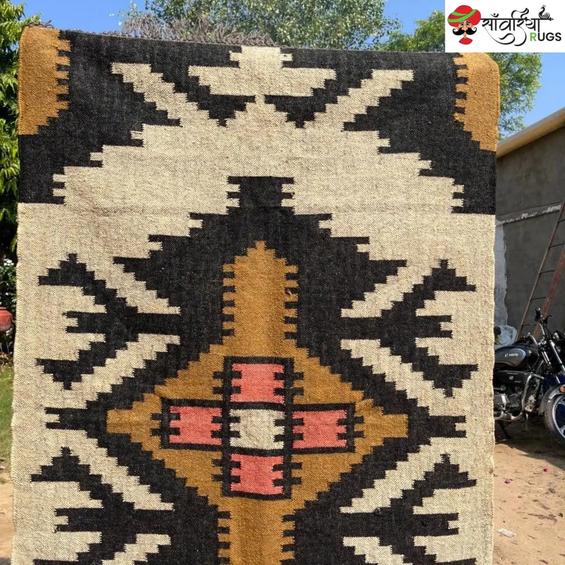 Boho Kilim Rug – Handwoven Wool Jute Beige Black Geometric Tribal Area Rug
