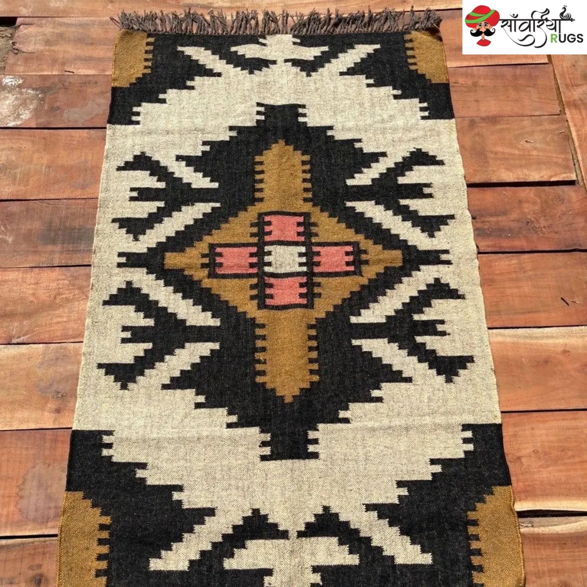 Boho Kilim Rug – Handwoven Wool Jute Beige Black Geometric Tribal Area Rug