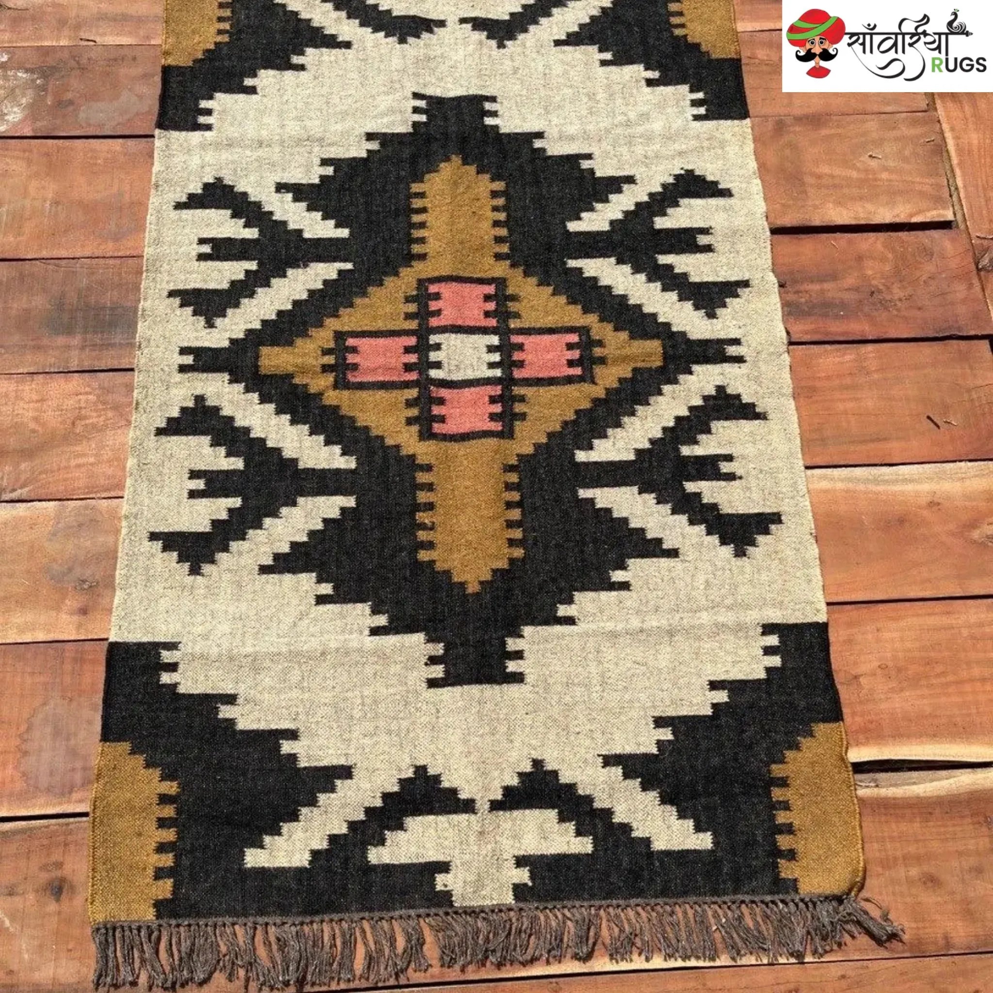Boho Kilim Rug – Handwoven Wool Jute Beige Black Geometric Tribal Area Rug