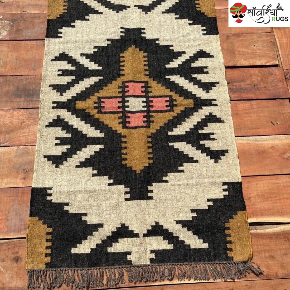 Boho Kilim Rug – Handwoven Wool Jute Beige Black Geometric Tribal Area Rug
