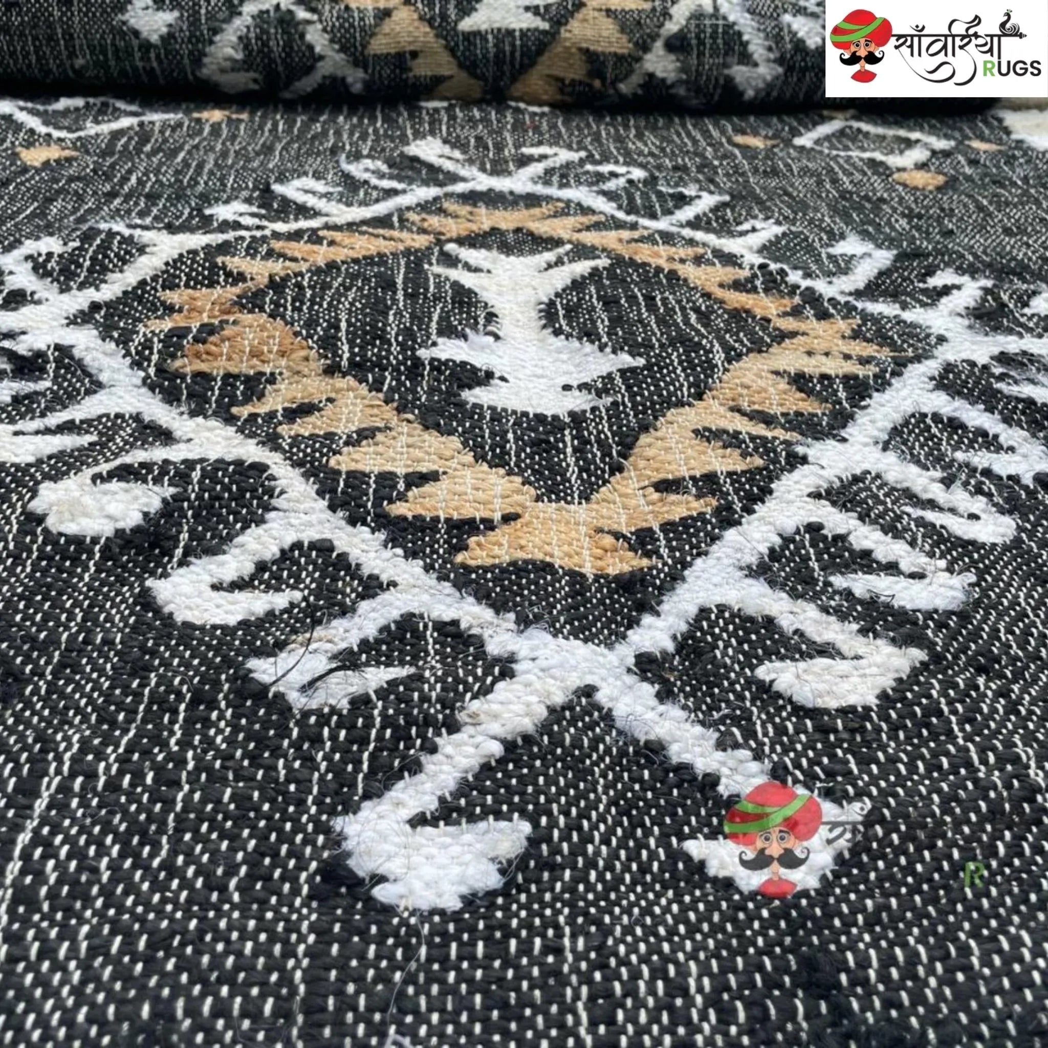 Handmade Black White Jute Cotton Boho Geometric Rug