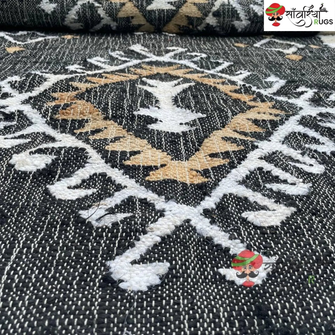 Handmade Black White Jute Cotton Boho Geometric Rug