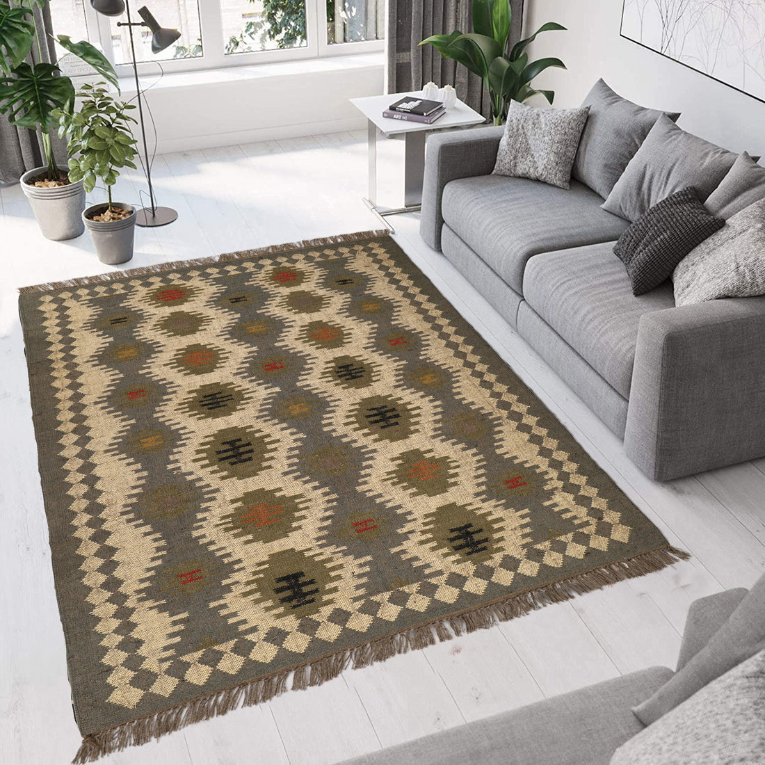 Kilim wool jute rug, handwoven with a tribal geometric pattern and fringe