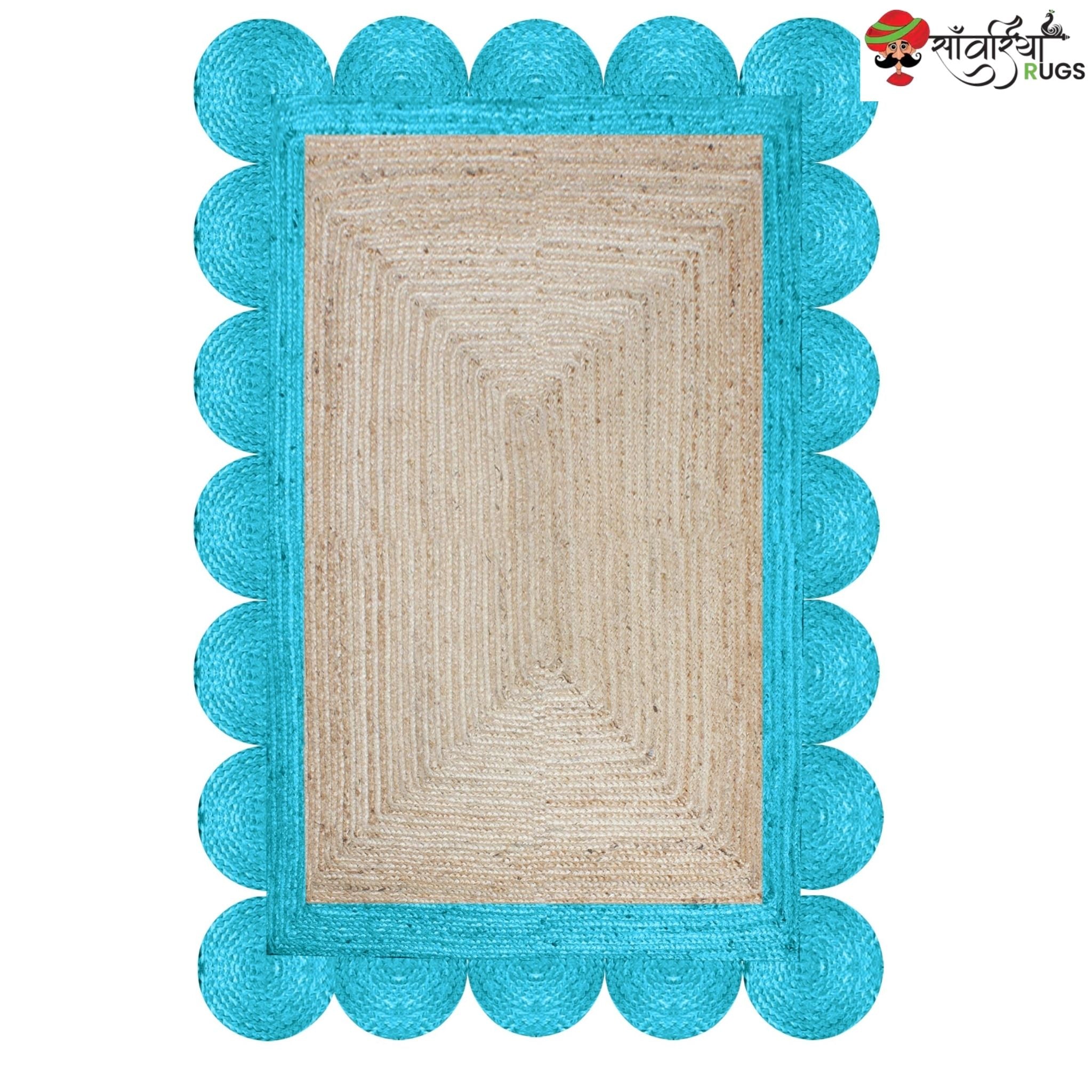Braided Scalloped Edge Jute Rug – Natural Beige with Multicolor Border