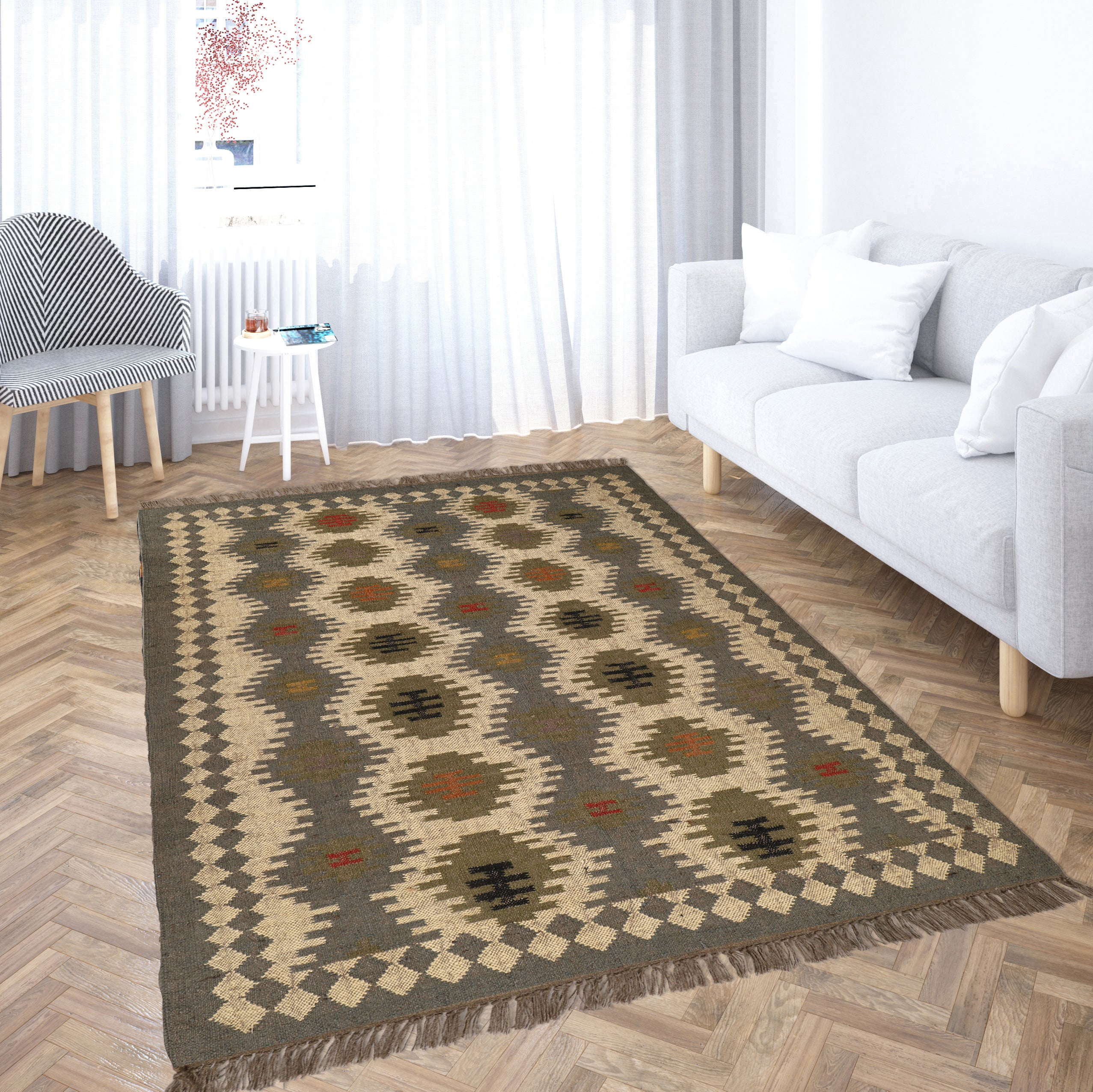 Kilim wool jute rug, handwoven with a tribal geometric pattern and fringe