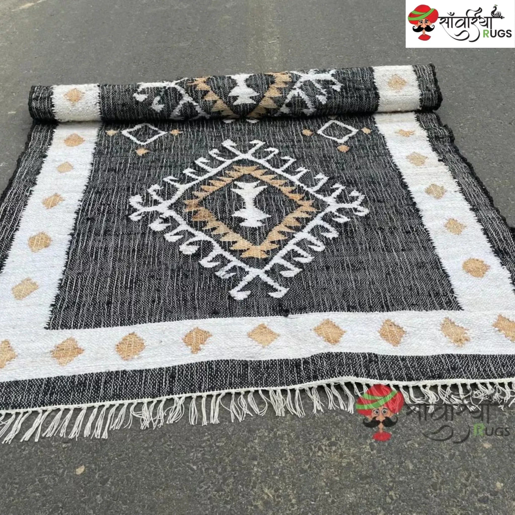 Handmade Black White Jute Cotton Boho Geometric Rug
