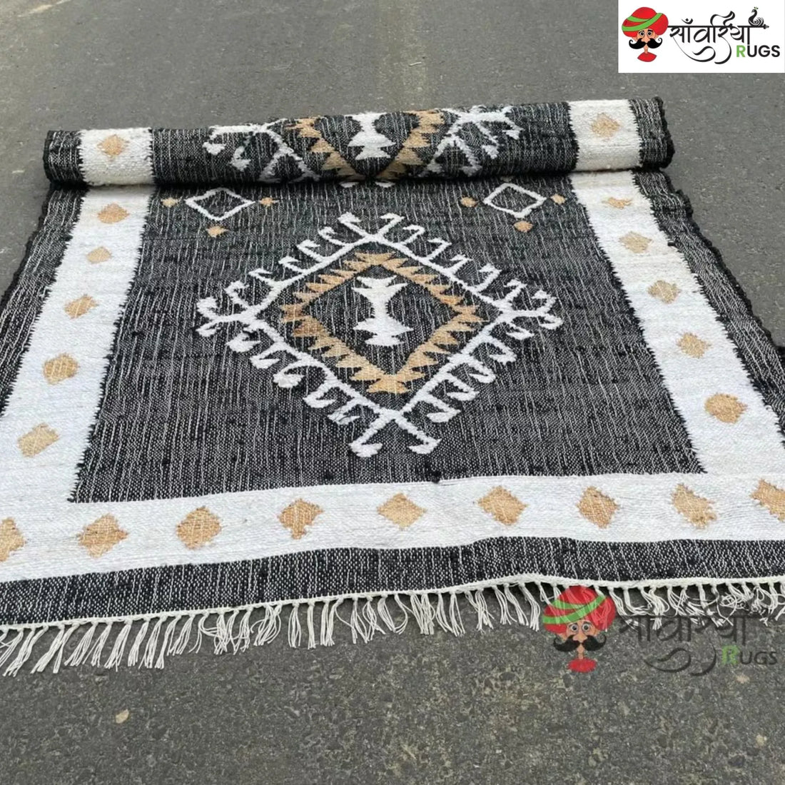 Handmade Black White Jute Cotton Boho Geometric Rug