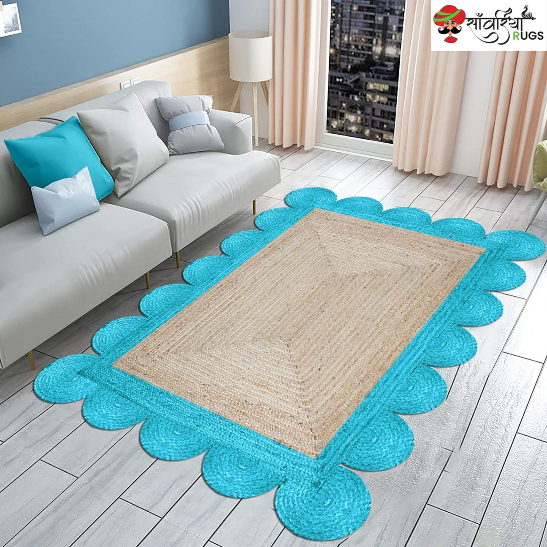Braided Scalloped Edge Jute Rug – Natural Beige with Multicolor Border