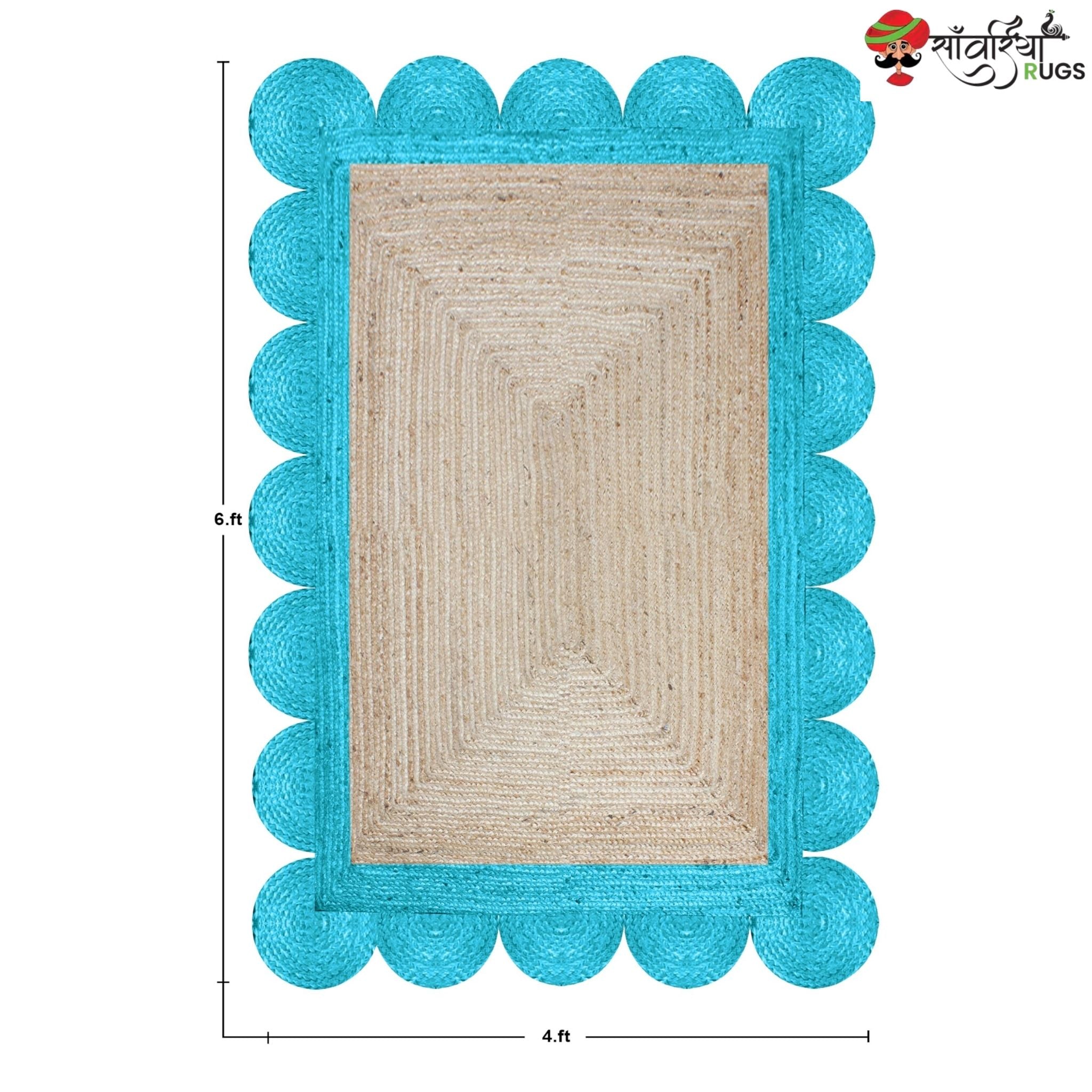Braided Scalloped Edge Jute Rug – Natural Beige with Multicolor Border