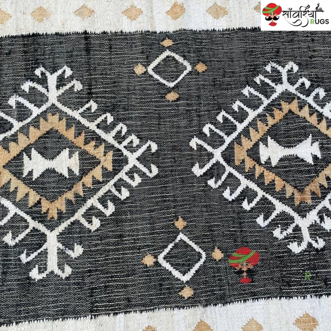 Handmade Black White Jute Cotton Boho Geometric Rug