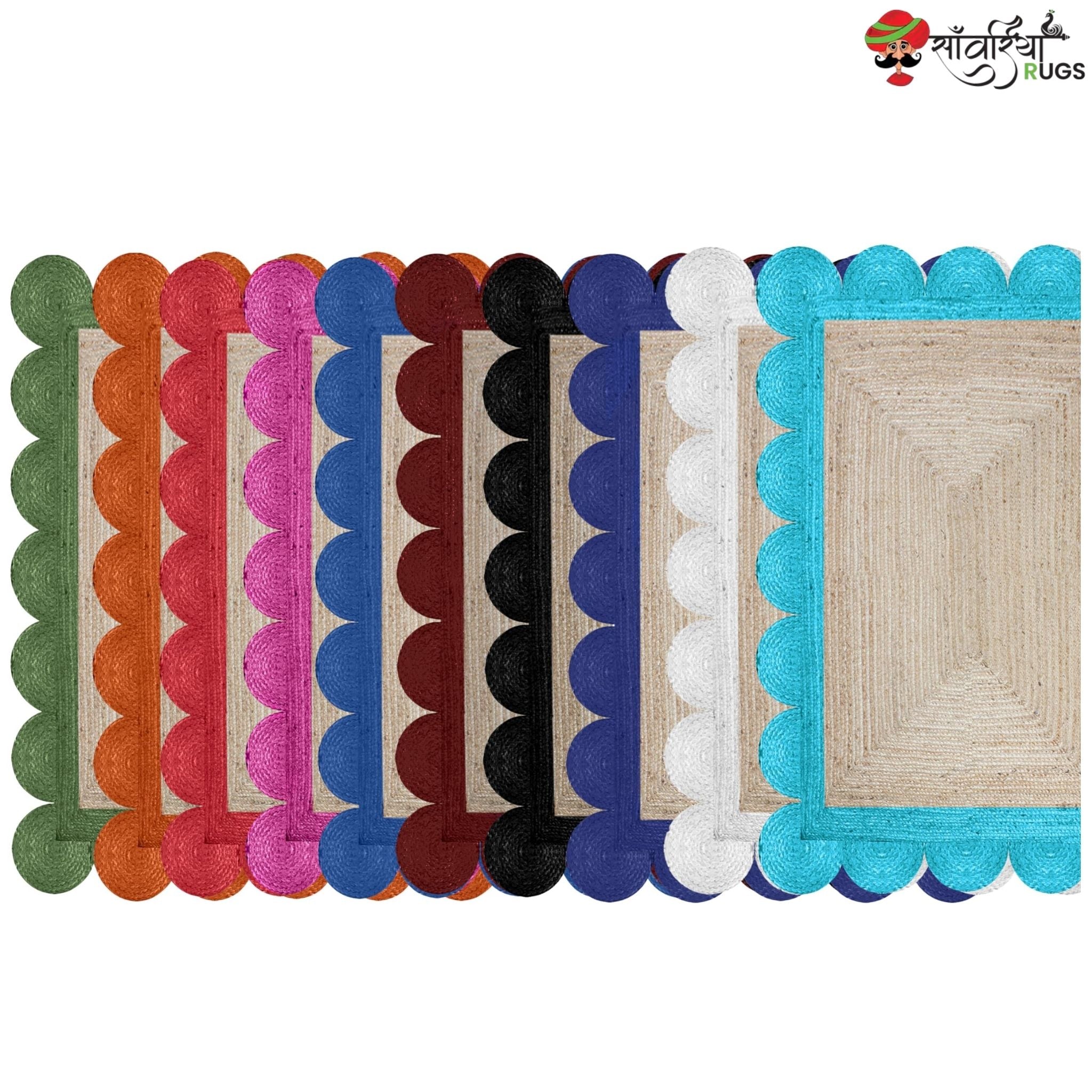 Braided Scalloped Edge Jute Rug – Natural Beige with Multicolor Border
