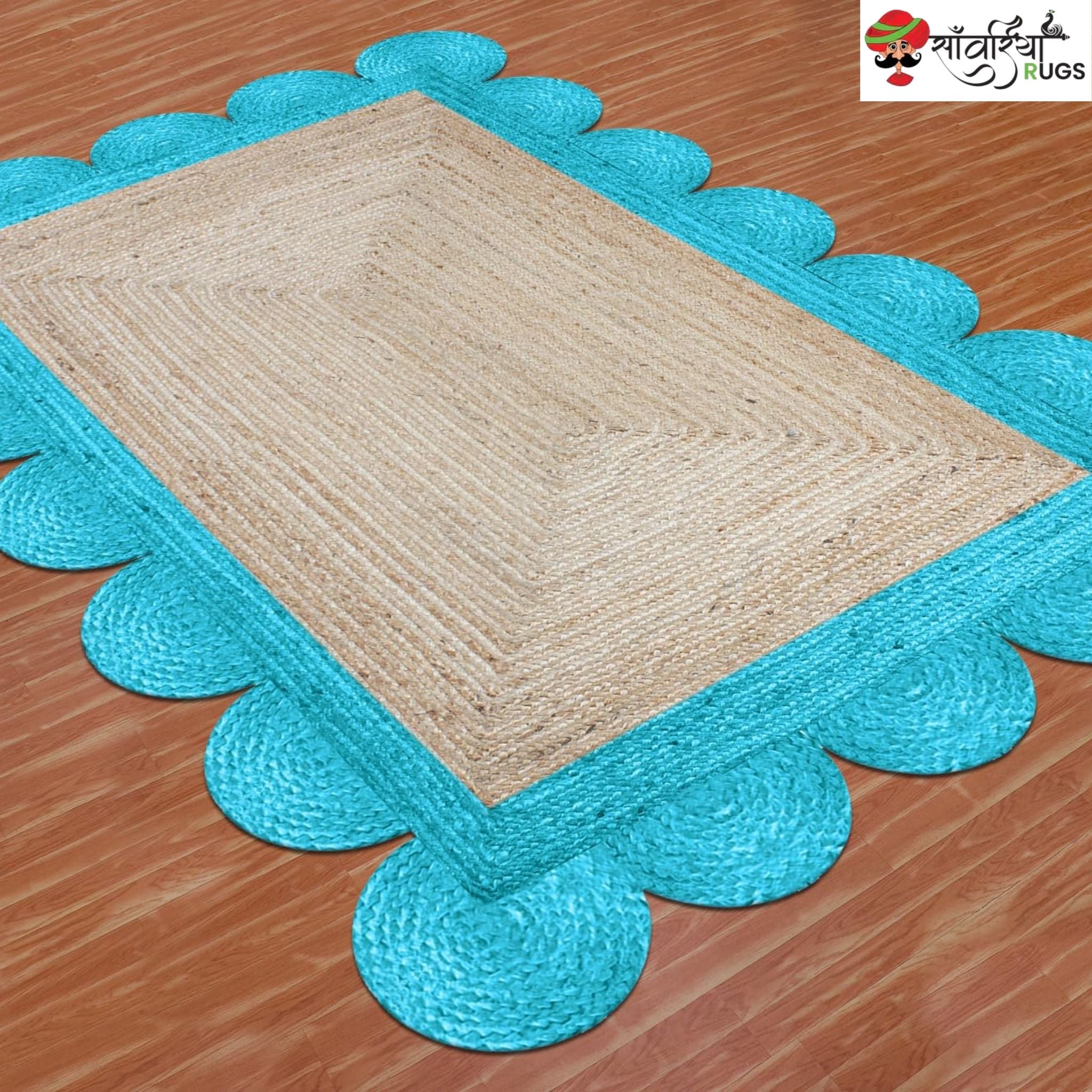Braided Scalloped Edge Jute Rug – Natural Beige with Multicolor Border
