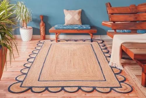 Scalloped Edge Hand Braided Jute Rectangle Rug with Custom Color Border