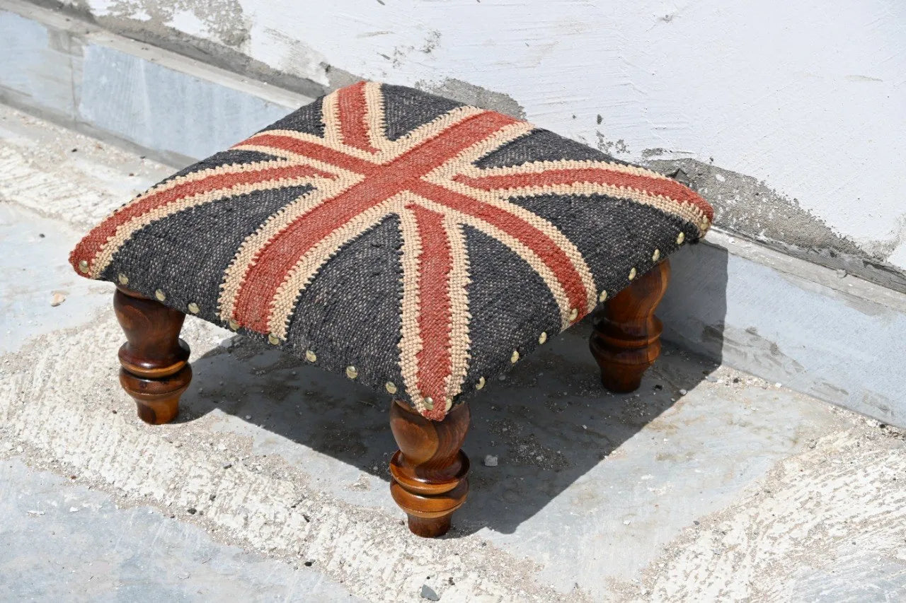 Handmade Union Jack Kilim Ottoman Footstool | Wool Jute Upholstered British Flag Pouf Stool with Solid Wooden Legs for Living Room
