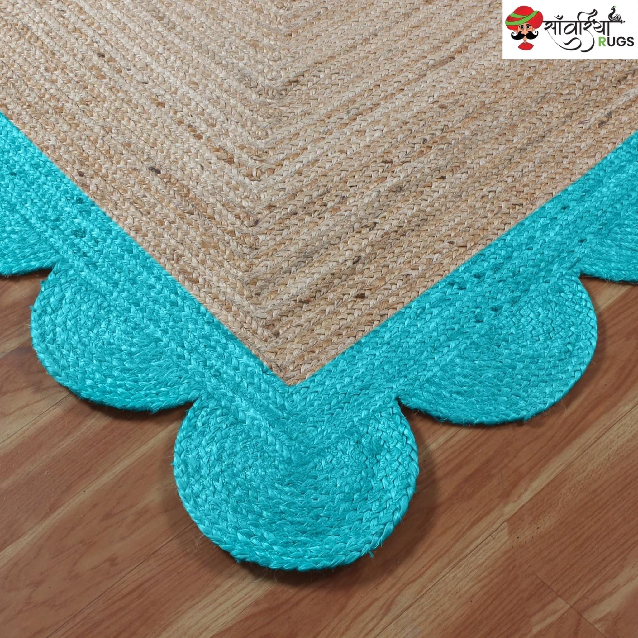 Braided Scalloped Edge Jute Rug – Natural Beige with Multicolor Border