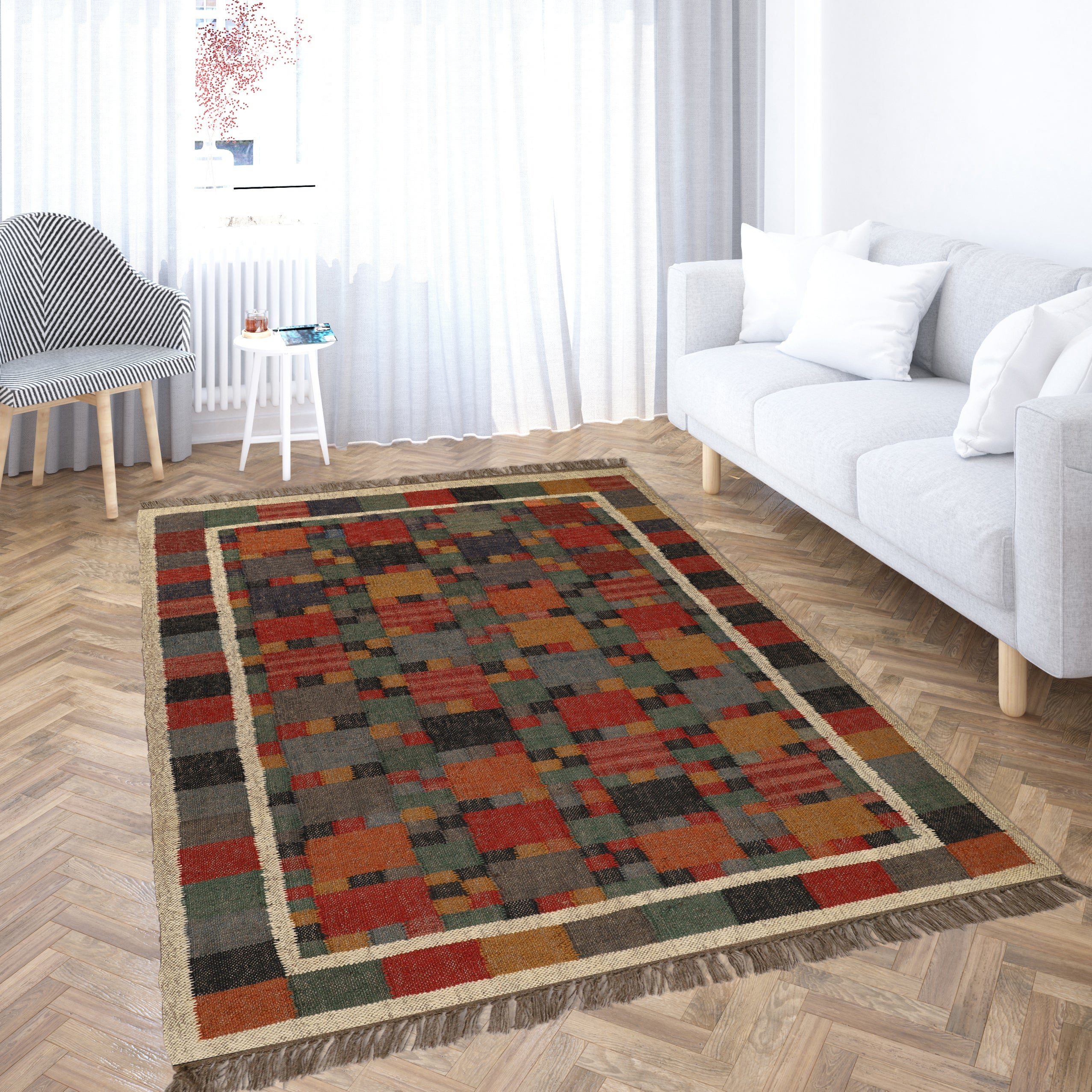 Handwoven 8x12 Kilim Wool Jute Rug for Southwestern Tribal Interiors