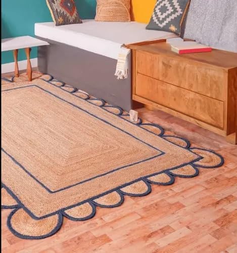 Scalloped Edge Hand Braided Jute Rectangle Rug with Custom Color Border