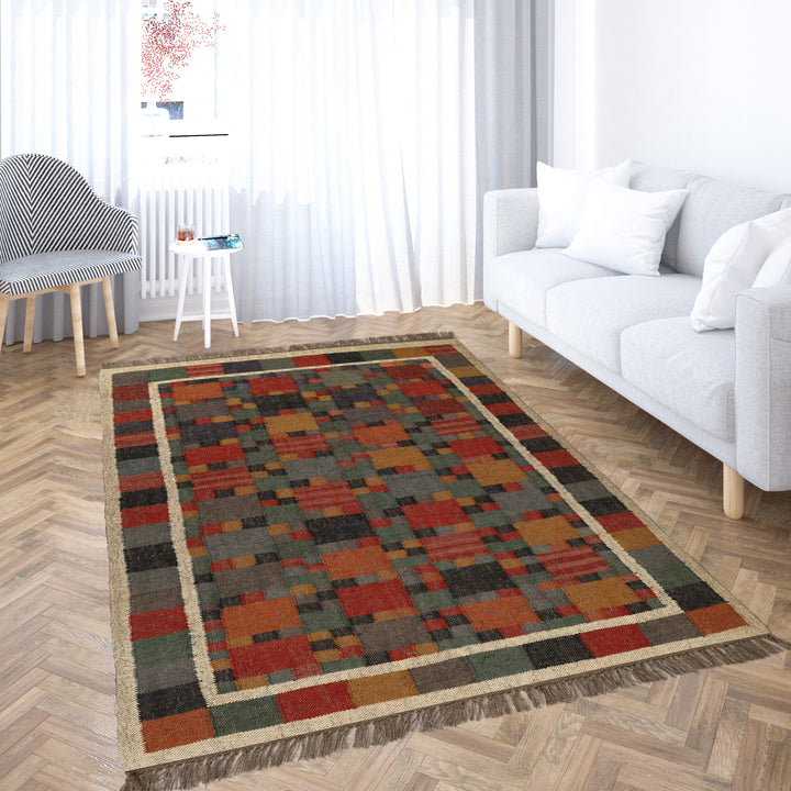 Handwoven 8x12 Kilim Wool Jute Rug for Southwestern Tribal Interiors