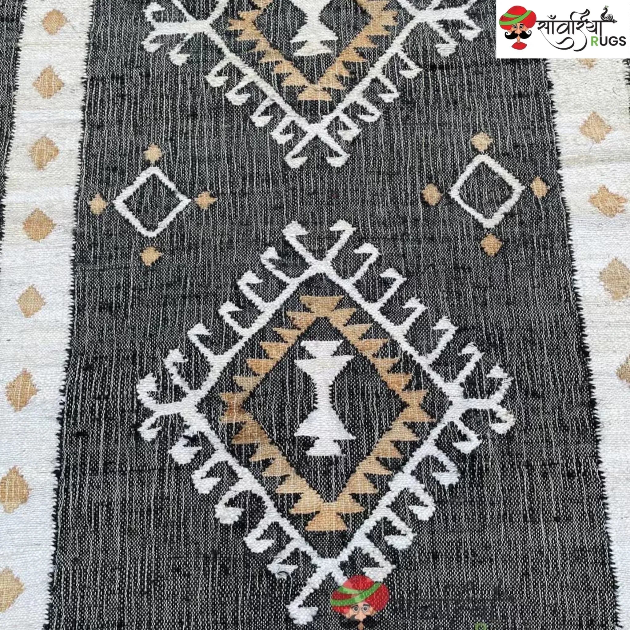 Handmade Black White Jute Cotton Boho Geometric Rug