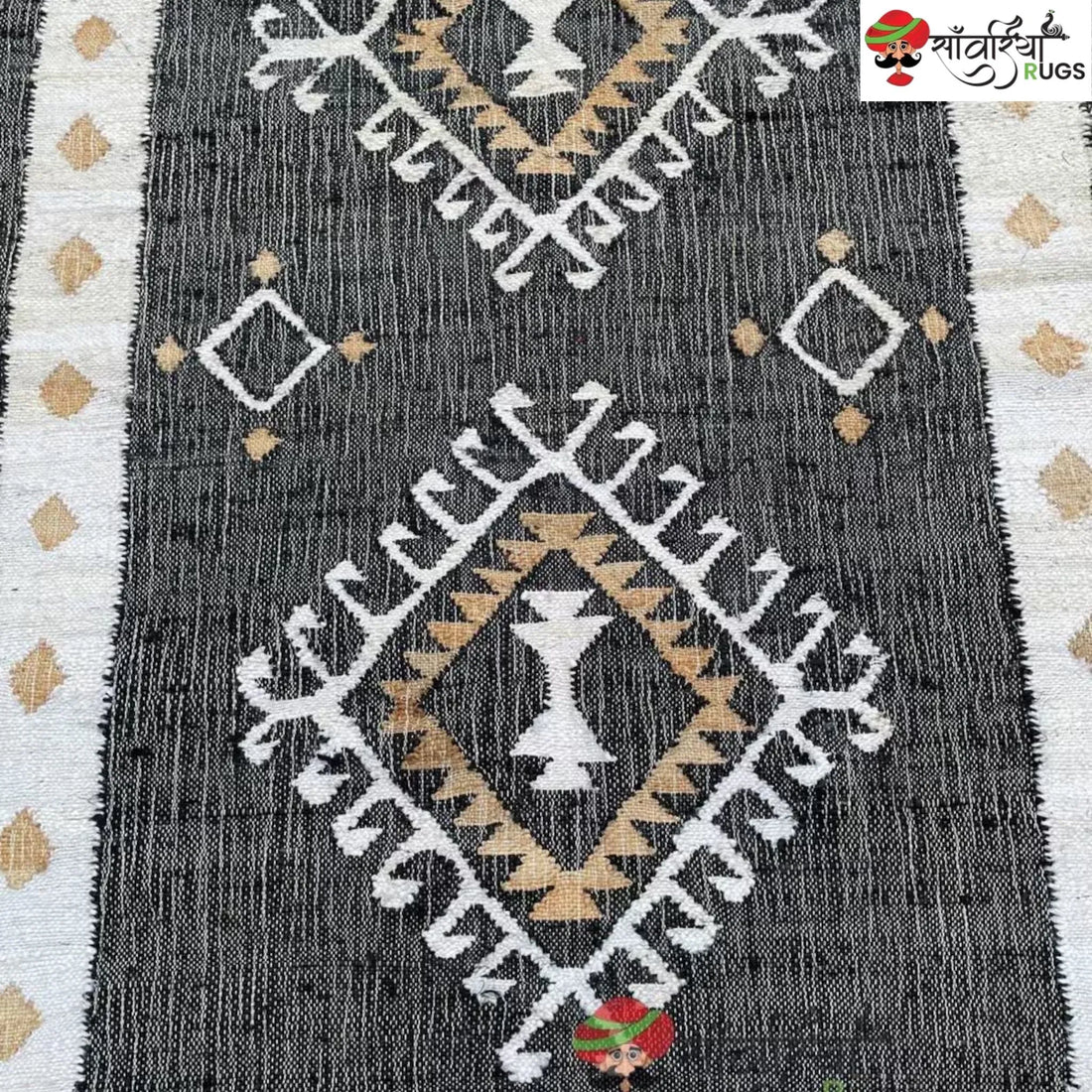 Handmade Black White Jute Cotton Boho Geometric Rug