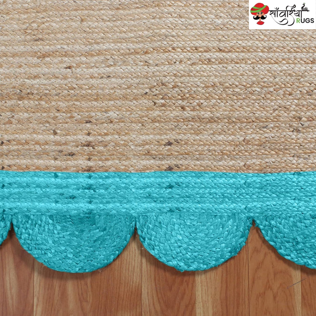 Braided Scalloped Edge Jute Rug – Natural Beige with Multicolor Border