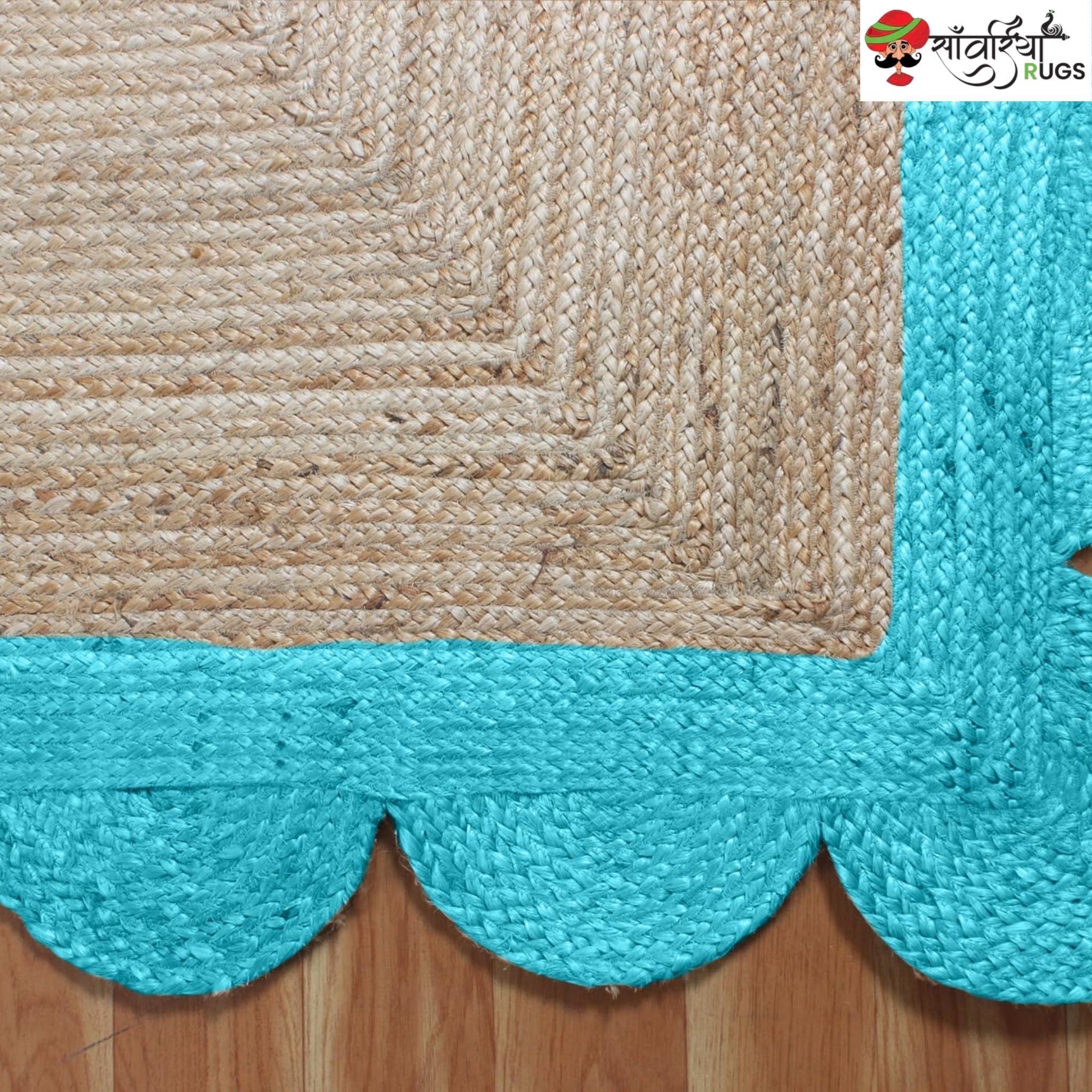 Braided Scalloped Edge Jute Rug – Natural Beige with Multicolor Border