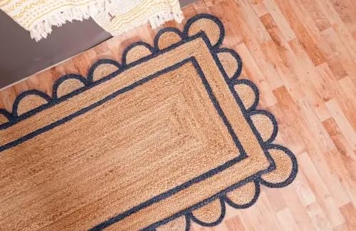 Scalloped Edge Hand Braided Jute Rectangle Rug with Custom Color Border