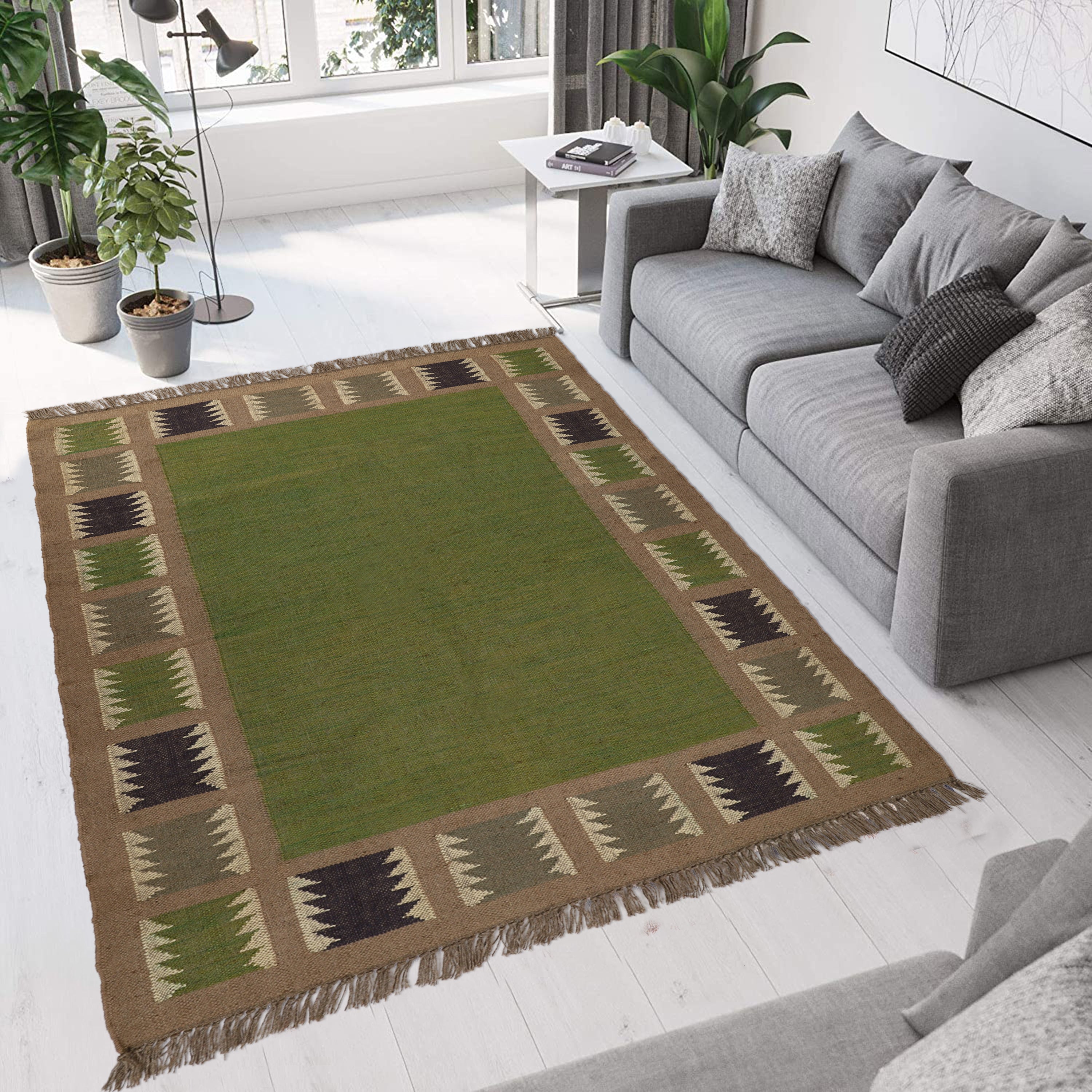 Handwoven Wool Jute Kilim Rug for Green Bohemian Interiors