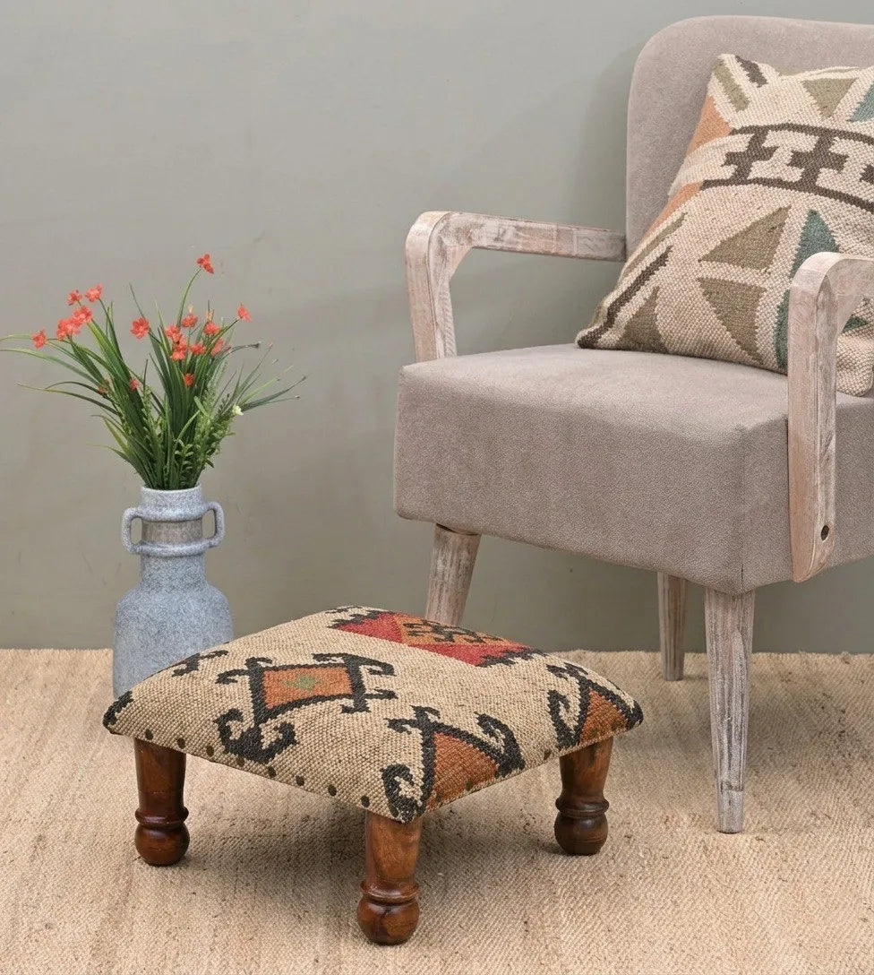 Handmade Tribal Kilim Ottoman Footstool | Wool Jute Upholstered Accent Stool with Rustic Geometric Pattern & Solid Wooden Legs