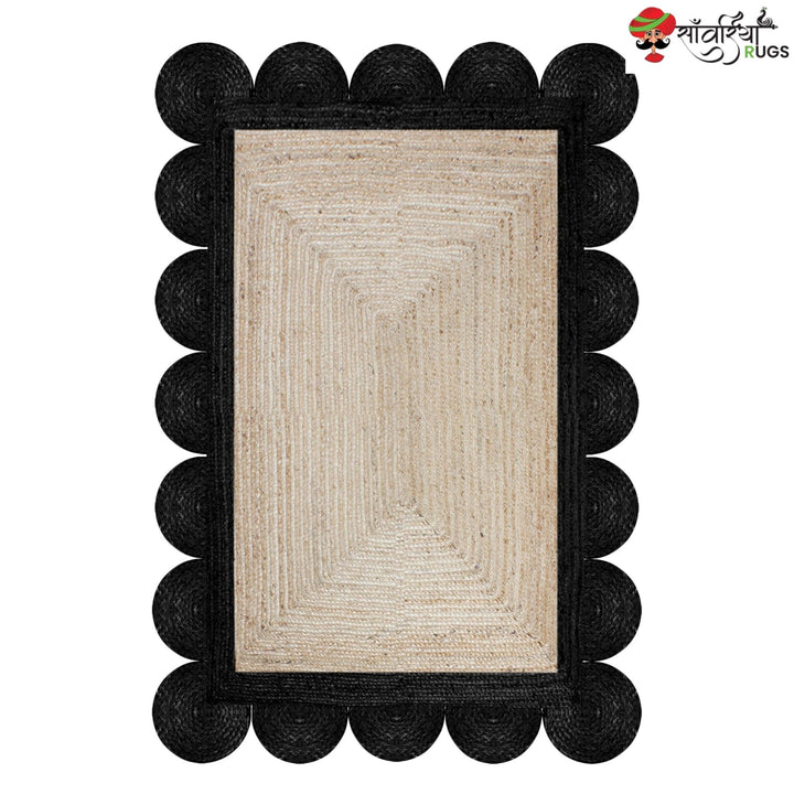 Braided Scalloped Edge Jute Rug – Natural Beige with Multicolor Border