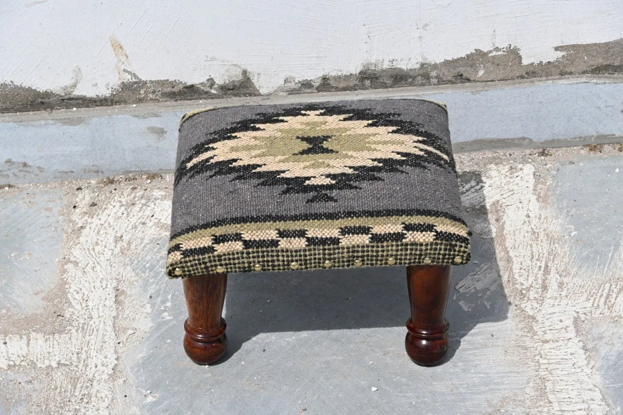 Handmade Sage Green Kilim Ottoman Footstool | Wool Jute Upholstered Tribal Accent Stool with Solid Wooden Legs for Living Room