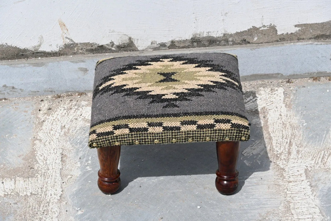 Handmade Sage Green Kilim Ottoman Footstool | Wool Jute Upholstered Tribal Accent Stool with Solid Wooden Legs for Living Room