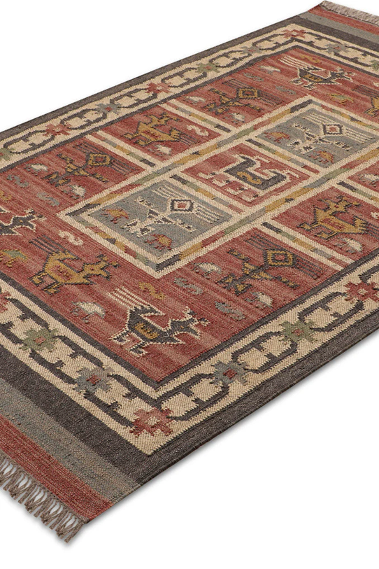 Handwoven Rajasthani Wool Jute Kilim Rug – Tribal Animal Motif Carpet in Rust Red, Mustard & Indigo 8X10 FEET