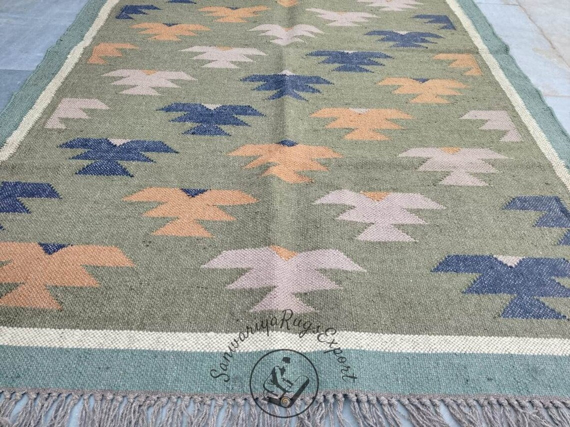 Kilim Rug Handwoven Wool and Jute Rug Handmade | Traditional Indian Dhurrie Area Carpet