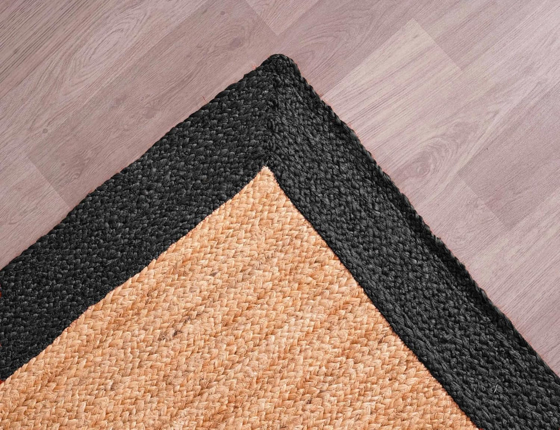 Beige Jute Braided Rectangle Rug with Multicolor Border – Handmade Natural Fiber Area Rug for Home Decor