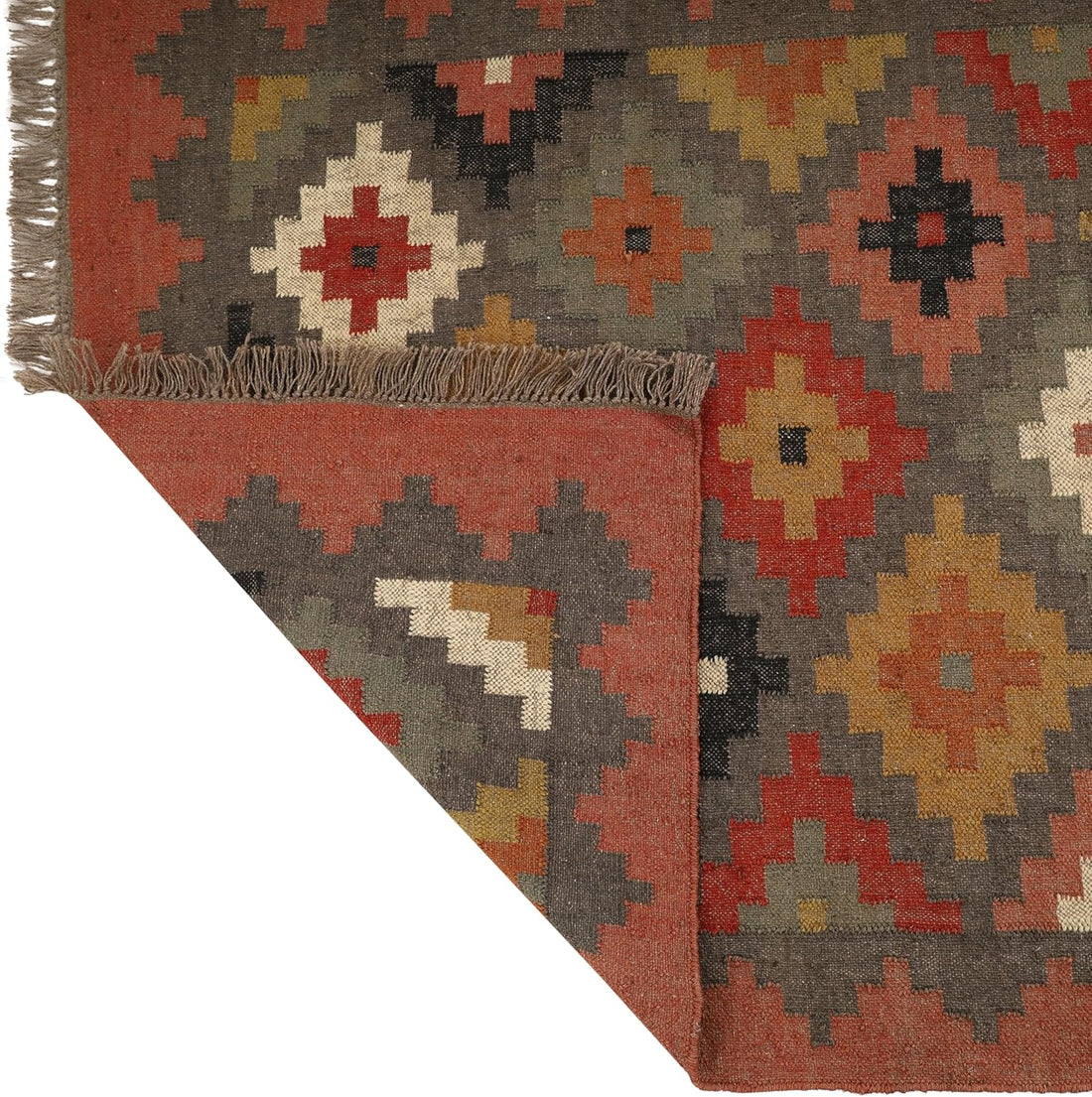 Handwoven Kilim Wool Jute Rug Geometric Pattern, Non-Slip, Versatile for Living, Bedroom & Kids Room