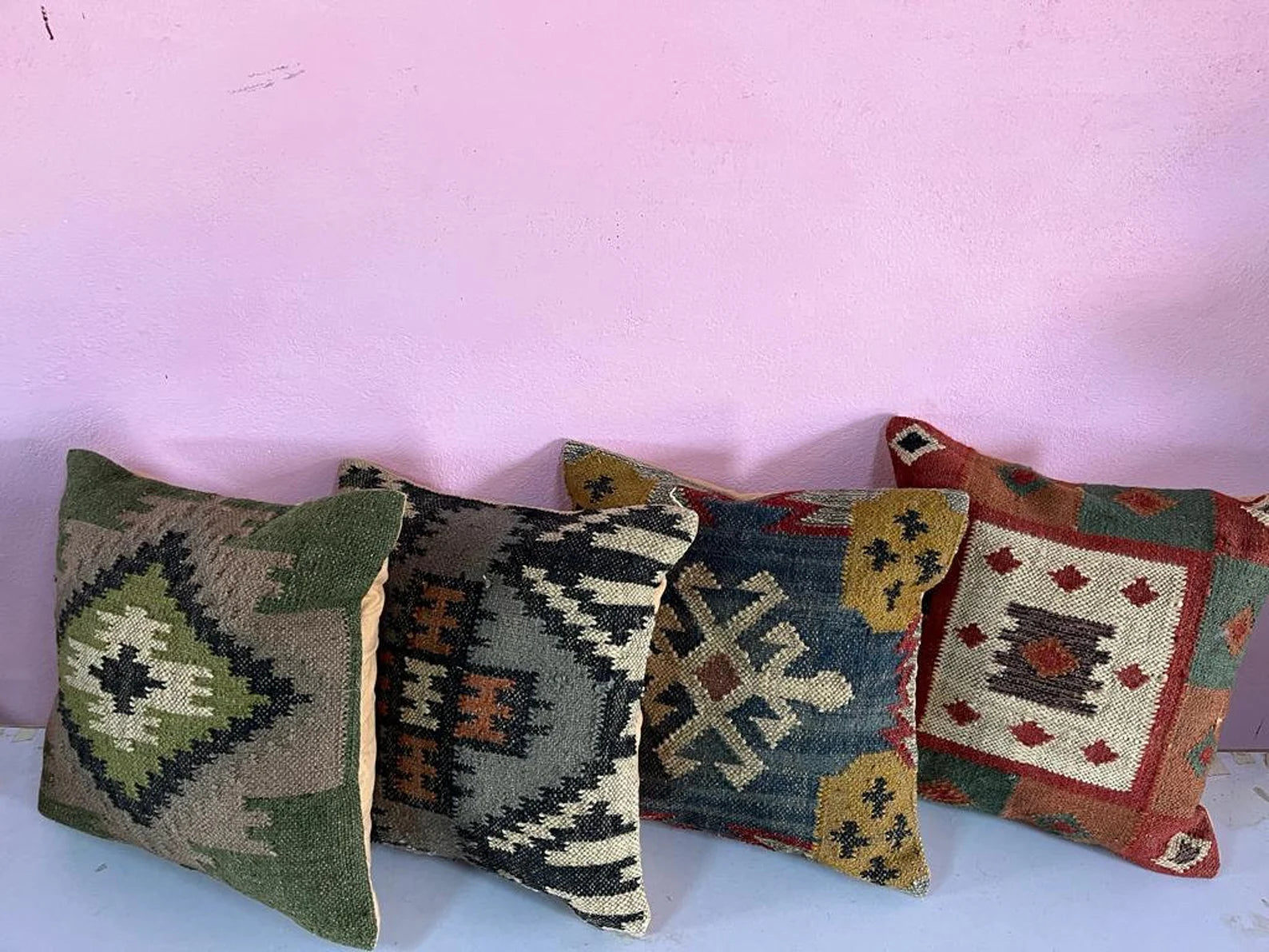 4 Set of Vintage Kilim Pillow | Handwoven Turkish Kilim Cushion Covers | Bohemian Decorative Throw Pillow | Home Decor