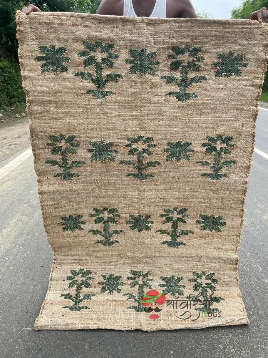 Rustic Natural Jute Flatweave Rug with Green Floral Motifs | Handwoven Eco Floor Accent for Hallway & Living Spaces