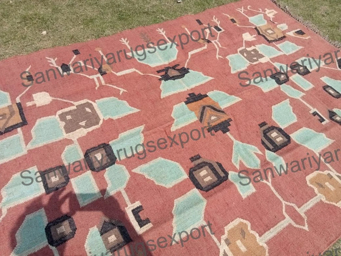 Handmade KILIM Rug, Multicolor; Jute Rug; Kilim Dhurrie; Traditional Indian; Chic, Victorian, Hipster; Custom Sizes FREE SHIPPING