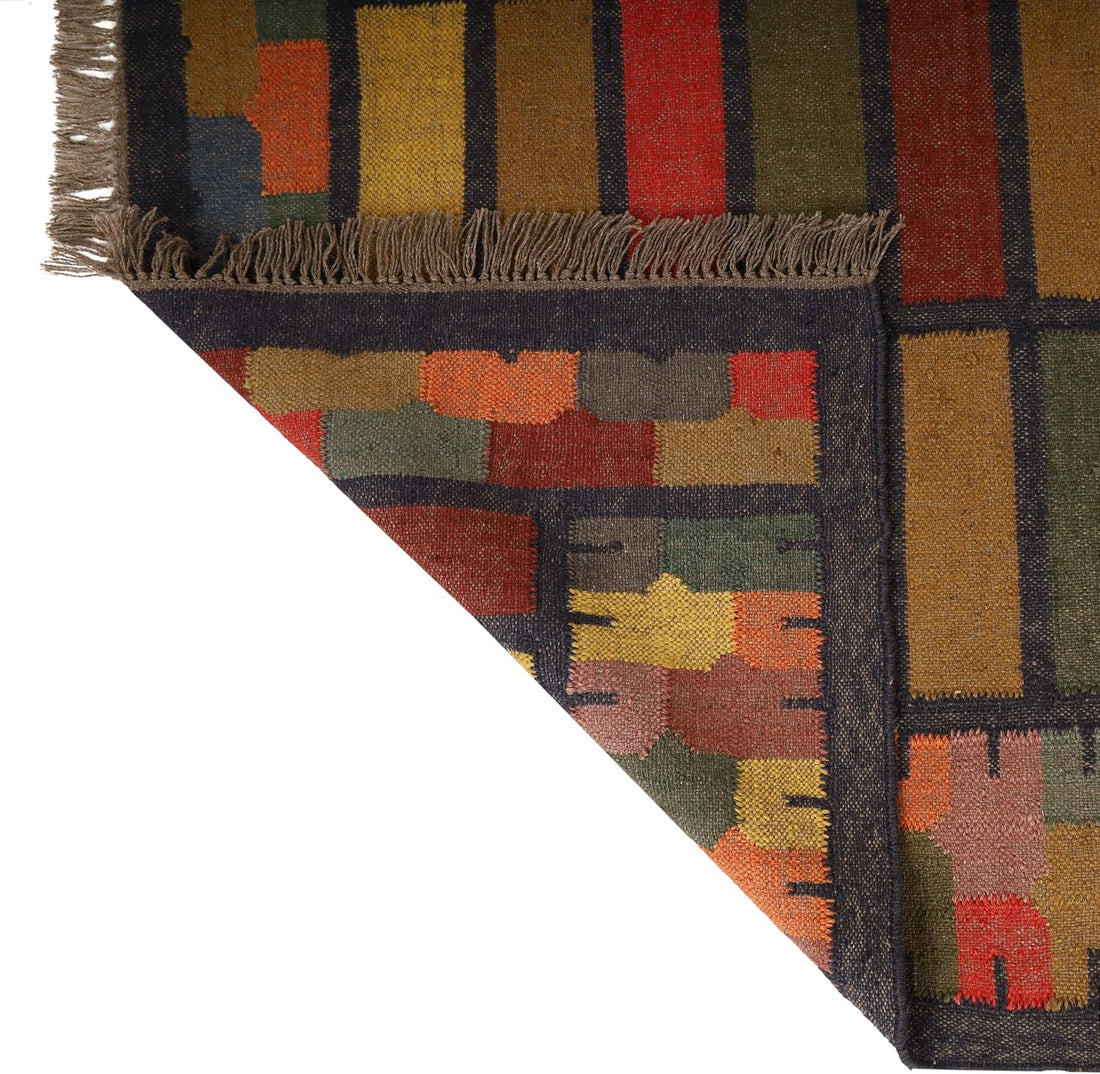 Handwoven Kilim Wool Jute Rug Geometric Pattern, Non-Slip, Versatile for Living, Bedroom & Kids Room